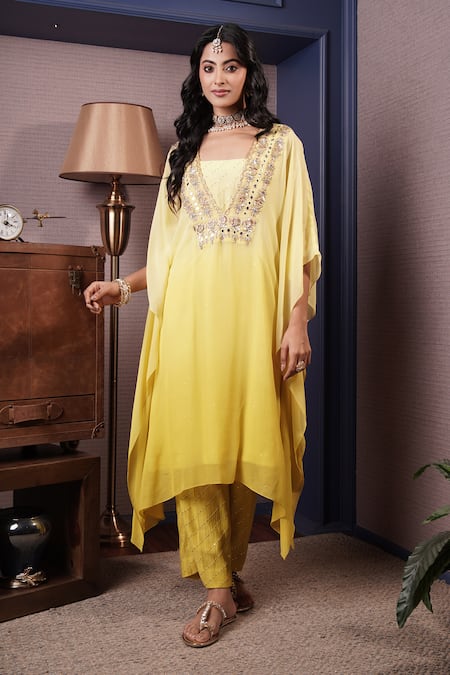 Shop_Surabhi Arya_Yellow Georgette, Chanderi Cut Floral Yoke Embroidered Ombre Dyed Kaftan Set _Online_at_Aza_Fashions