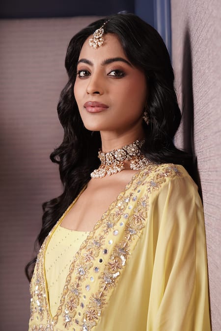 Buy_Surabhi Arya_Yellow Georgette, Chanderi Cut Floral Yoke Embroidered Ombre Dyed Kaftan Set 