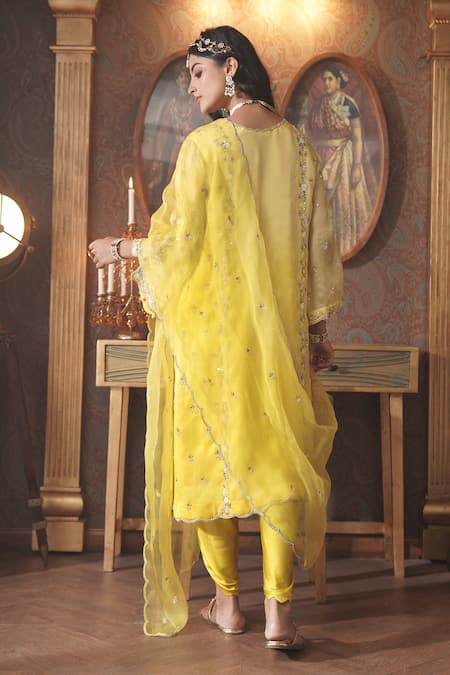 Shop_Surabhi Arya_Yellow Organza, Modal, Floret Embroidered Ombre Dyed Kurta And Dhoti Pant Set _at_Aza_Fashions