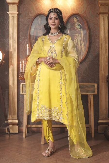 Surabhi Arya_Yellow Organza, Modal, Floret Embroidered Ombre Dyed Kurta And Dhoti Pant Set _Online_at_Aza_Fashions