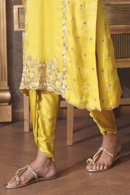 Buy_Surabhi Arya_Yellow Organza, Modal, Floret Embroidered Ombre Dyed Kurta And Dhoti Pant Set _Online_at_Aza_Fashions