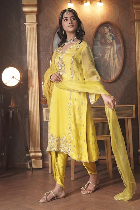 Shop_Surabhi Arya_Yellow Organza, Modal, Floret Embroidered Ombre Dyed Kurta And Dhoti Pant Set _Online_at_Aza_Fashions