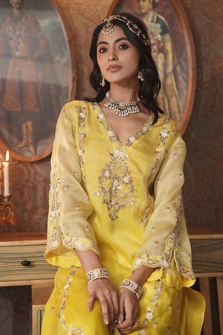 Surabhi Arya_Yellow Organza, Modal, Floret Embroidered Ombre Dyed Kurta And Dhoti Pant Set _at_Aza_Fashions