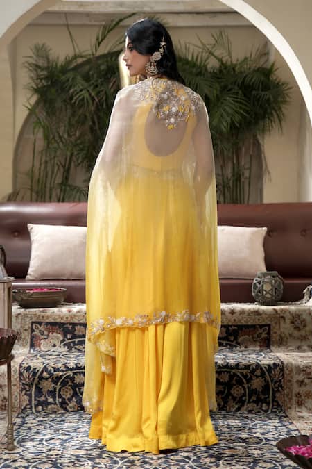 Shop_Surabhi Arya_Yellow Modal, Satin Cut Jashn Bahar Embroidered Ombre Dyed Cape And Sharara Set _at_Aza_Fashions