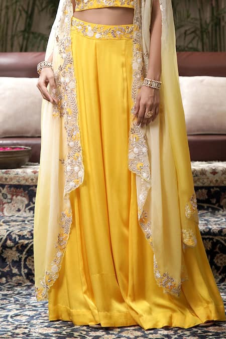 Buy_Surabhi Arya_Yellow Modal, Satin Cut Jashn Bahar Embroidered Ombre Dyed Cape And Sharara Set _Online_at_Aza_Fashions