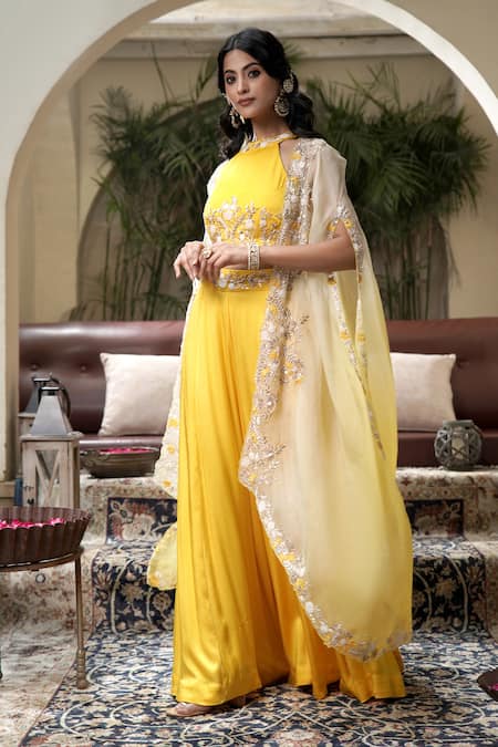 Shop_Surabhi Arya_Yellow Modal, Satin Cut Jashn Bahar Embroidered Ombre Dyed Cape And Sharara Set _Online_at_Aza_Fashions