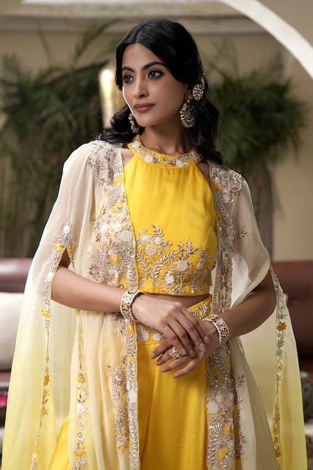 Buy_Surabhi Arya_Yellow Modal, Satin Cut Jashn Bahar Embroidered Ombre Dyed Cape And Sharara Set 