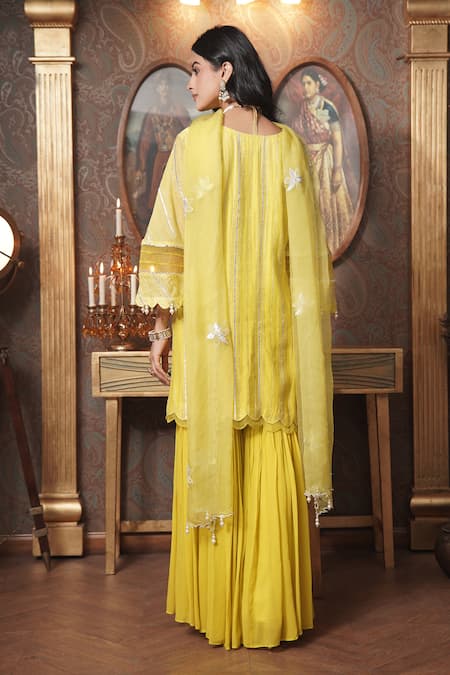 Shop_Surabhi Arya_Yellow Chanderi, Organza Embroidery, Gota Patti Zoya Bloom Kurta Gharara Set _at_Aza_Fashions