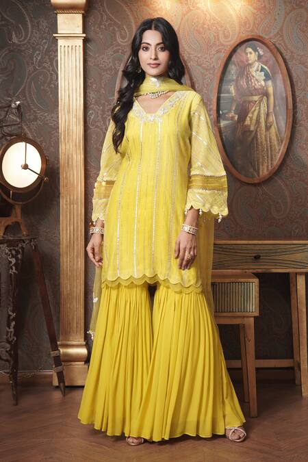 Surabhi Arya_Yellow Chanderi, Organza Embroidery, Gota Patti Zoya Bloom Kurta Gharara Set _Online_at_Aza_Fashions