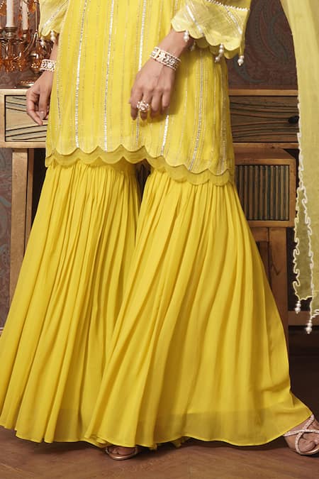 Buy_Surabhi Arya_Yellow Chanderi, Organza Embroidery, Gota Patti Zoya Bloom Kurta Gharara Set _Online_at_Aza_Fashions