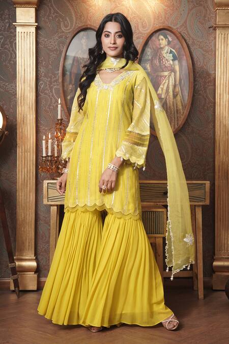 Shop_Surabhi Arya_Yellow Chanderi, Organza Embroidery, Gota Patti Zoya Bloom Kurta Gharara Set _Online_at_Aza_Fashions