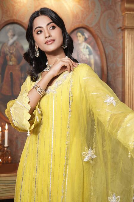 Buy_Surabhi Arya_Yellow Chanderi, Organza Embroidery, Gota Patti Zoya Bloom Kurta Gharara Set 