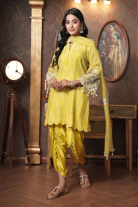 Shop_Surabhi Arya_Yellow Chanderi, Modal, Satin, Floral Zari Cutwork Sleeves Kurta Dhoti Pant Set _Online_at_Aza_Fashions