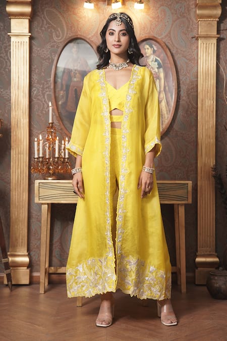 Surabhi Arya Yellow Crop Top And Pant Mul Chanderi Embroidery Florin Cutwork Jacket & Set 