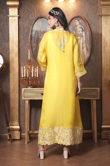 Shop_Surabhi Arya_Yellow Organza, Chanderi Cut Work, Sequins Open Florin Cutwork Jacket And Pant Set _at_Aza_Fashions