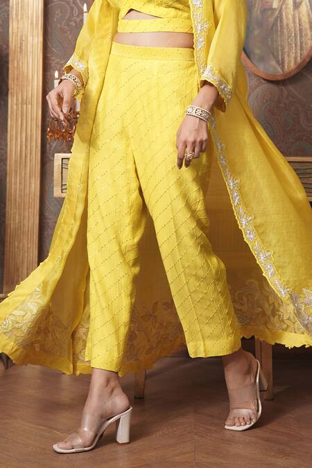 Surabhi Arya_Yellow Organza, Chanderi Cut Work, Sequins Open Florin Cutwork Jacket And Pant Set _Online_at_Aza_Fashions