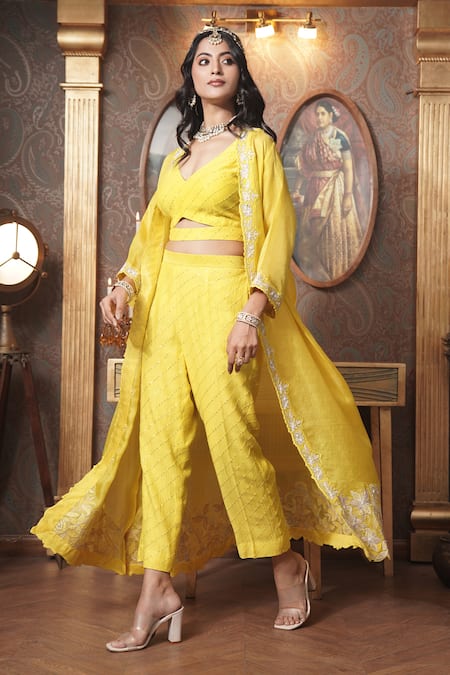 Buy_Surabhi Arya_Yellow Organza, Chanderi Cut Work, Sequins Open Florin Cutwork Jacket And Pant Set _Online_at_Aza_Fashions