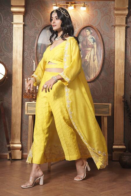 Shop_Surabhi Arya_Yellow Organza, Chanderi Cut Work, Sequins Open Florin Cutwork Jacket And Pant Set _Online_at_Aza_Fashions