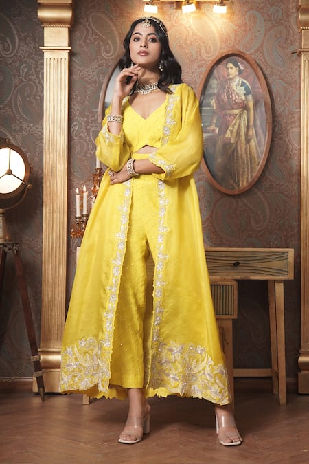 Surabhi Arya_Yellow Organza, Chanderi Cut Work, Sequins Open Florin Cutwork Jacket And Pant Set _at_Aza_Fashions