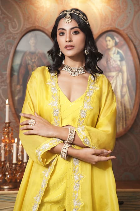 Buy_Surabhi Arya_Yellow Organza, Chanderi Cut Work, Sequins Open Florin Cutwork Jacket And Pant Set 