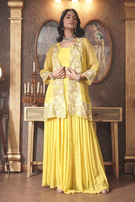 Surabhi Arya Yellow Jacket Organza Embroidery Thread Open Neck Ambrosia And Skirt Set 