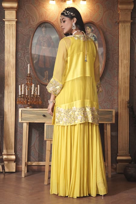 Shop_Surabhi Arya_Yellow Organza, Georgette Embroidery Open Ambrosia Thread Jacket And Skirt Set _at_Aza_Fashions