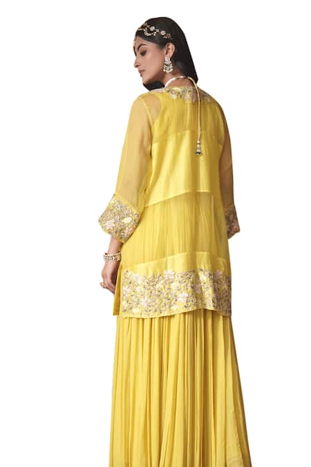 Surabhi Arya_Yellow Organza, Georgette Embroidery Open Ambrosia Thread Jacket And Skirt Set _Online_at_Aza_Fashions