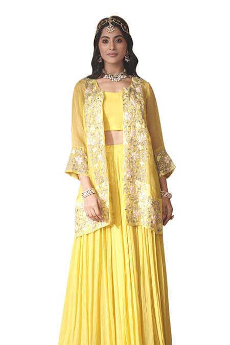 Buy_Surabhi Arya_Yellow Organza, Georgette Embroidery Open Ambrosia Thread Jacket And Skirt Set _Online_at_Aza_Fashions