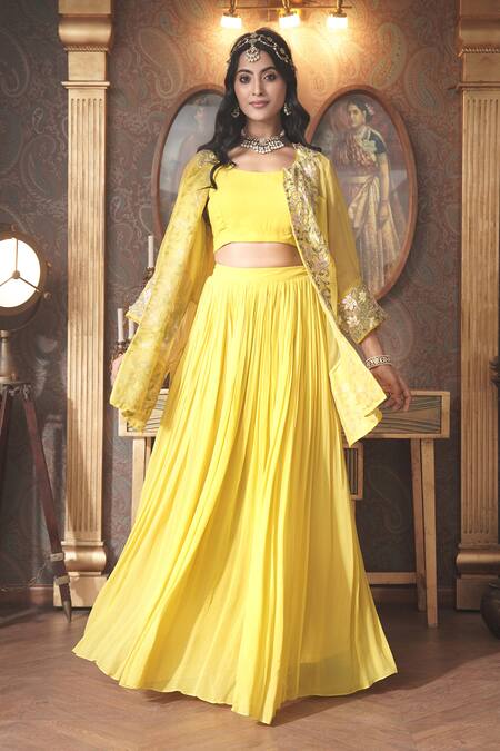 Surabhi Arya_Yellow Organza, Georgette Embroidery Open Ambrosia Thread Jacket And Skirt Set _at_Aza_Fashions