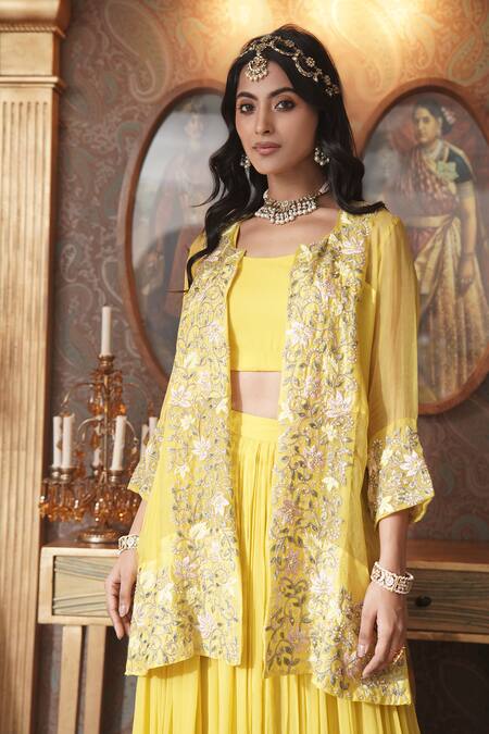 Buy_Surabhi Arya_Yellow Organza, Georgette Embroidery Open Ambrosia Thread Jacket And Skirt Set 