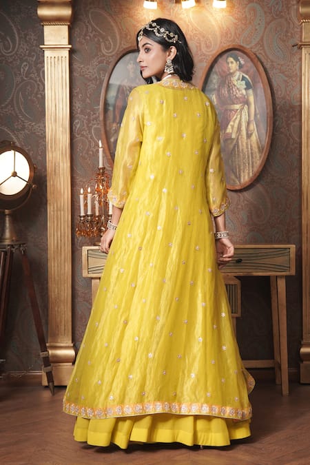 Shop_Surabhi Arya_Yellow Georgette, Tissue Embroidery, Gota Bloom Angarkha Jacket With Anarkali _at_Aza_Fashions