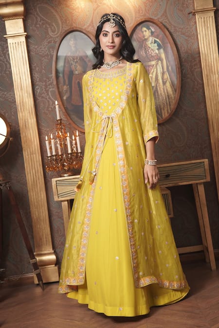 Surabhi Arya_Yellow Georgette, Tissue Embroidery, Gota Bloom Angarkha Jacket With Anarkali _Online_at_Aza_Fashions