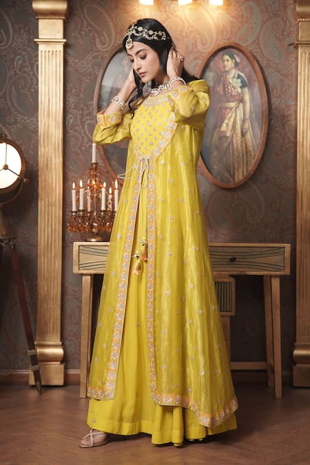 Buy_Surabhi Arya_Yellow Georgette, Tissue Embroidery, Gota Bloom Angarkha Jacket With Anarkali _Online_at_Aza_Fashions