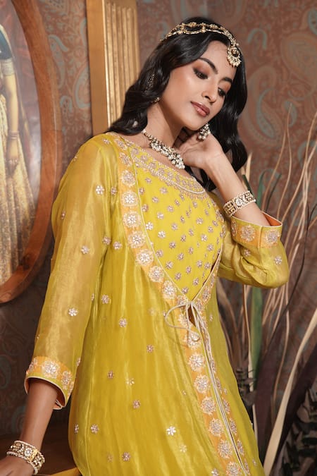Shop_Surabhi Arya_Yellow Georgette, Tissue Embroidery, Gota Bloom Angarkha Jacket With Anarkali _Online_at_Aza_Fashions