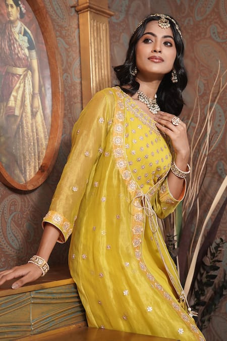 Surabhi Arya_Yellow Georgette, Tissue Embroidery, Gota Bloom Angarkha Jacket With Anarkali _at_Aza_Fashions