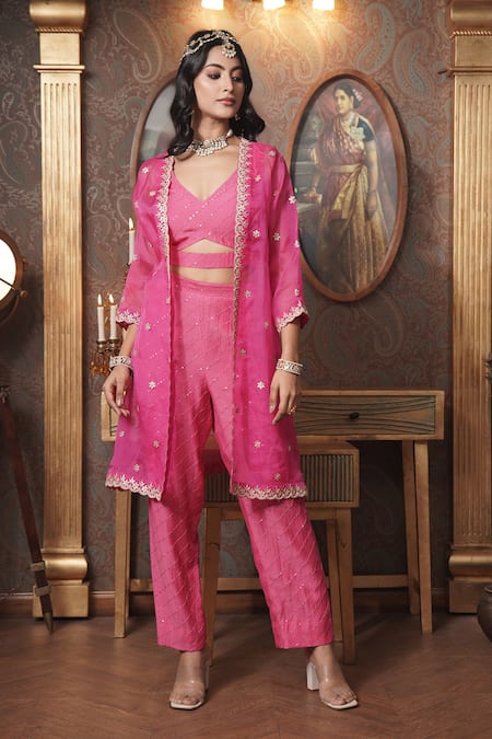 Surabhi Arya Pink Crop Top And Pant Mul Chanderi Embroidery Gota Patti Blossom Jacket & Set 