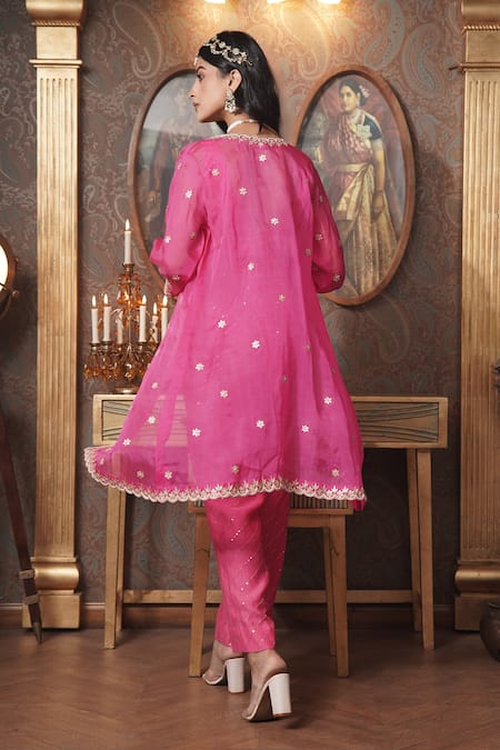 Shop_Surabhi Arya_Pink Organza, Chanderi Gota Patti, Sequins Blossom Embroidered Jacket And Pant Set _at_Aza_Fashions