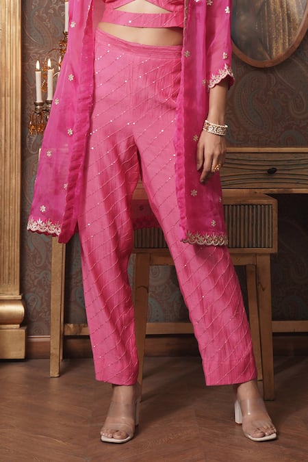 Surabhi Arya Pink Organza, Chanderi Gota Patti, Sequins Blossom Embroidered Jacket And Pant Set Online at Aza Fashions Surabhi Arya_Pink Organza, Chanderi Gota Patti, Sequins Blossom Embroidered Jacket And Pant Set _Online_at_Aza_Fashions
