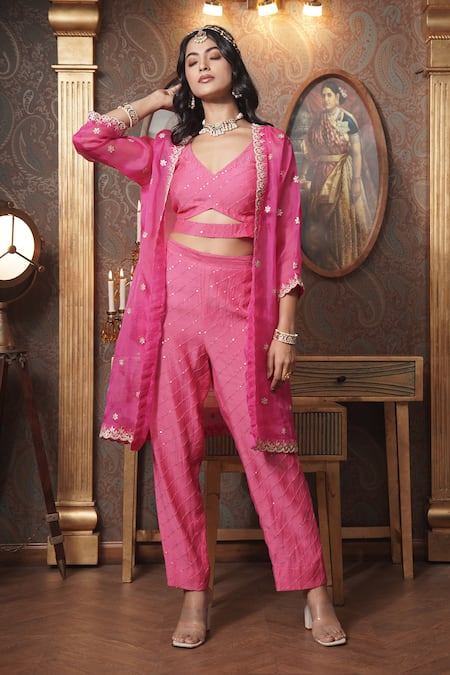 Buy_Surabhi Arya_Pink Organza, Chanderi Gota Patti, Sequins Blossom Embroidered Jacket And Pant Set _Online_at_Aza_Fashions