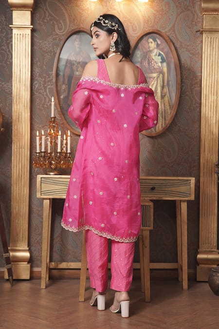 Buy_Surabhi Arya_Pink Organza, Chanderi Gota Patti, Sequins Blossom Embroidered Jacket And Pant Set 