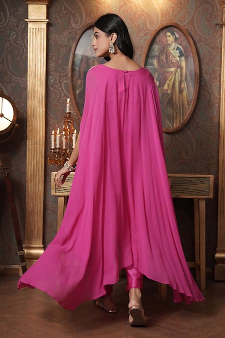 Shop_Surabhi Arya_Pink Georgette Embroidery Boat Neck Gardenia Gota Work Kaftan Cape With Pant _at_Aza_Fashions