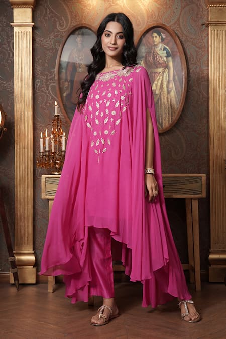 Buy_Surabhi Arya_Pink Georgette Embroidery Boat Neck Gardenia Gota Work Kaftan Cape With Pant _Online_at_Aza_Fashions