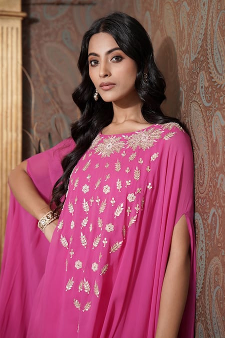 Shop_Surabhi Arya_Pink Georgette Embroidery Boat Neck Gardenia Gota Work Kaftan Cape With Pant _Online_at_Aza_Fashions