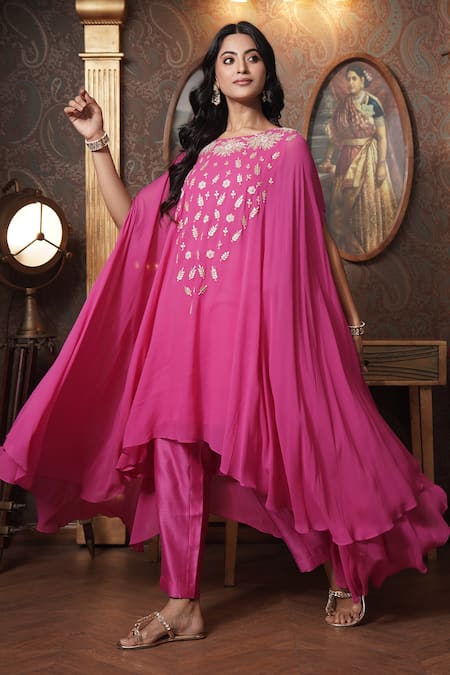 Surabhi Arya_Pink Georgette Embroidery Boat Neck Gardenia Gota Work Kaftan Cape With Pant _at_Aza_Fashions