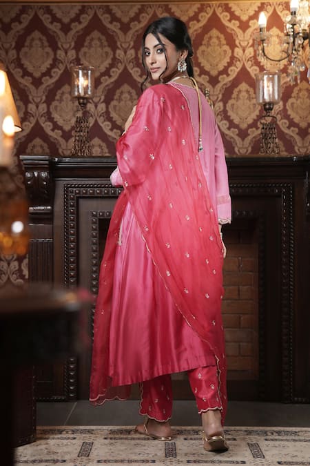 Shop_Surabhi Arya_Pink Chanderi Silk, Organza Embroidery, Florence Ombre Dyed Kurta Pant Set _at_Aza_Fashions