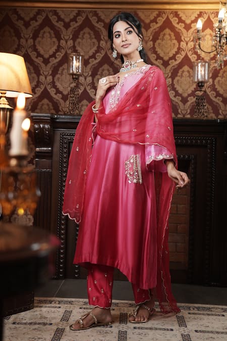 Buy_Surabhi Arya_Pink Chanderi Silk, Organza Embroidery, Florence Ombre Dyed Kurta Pant Set _Online_at_Aza_Fashions