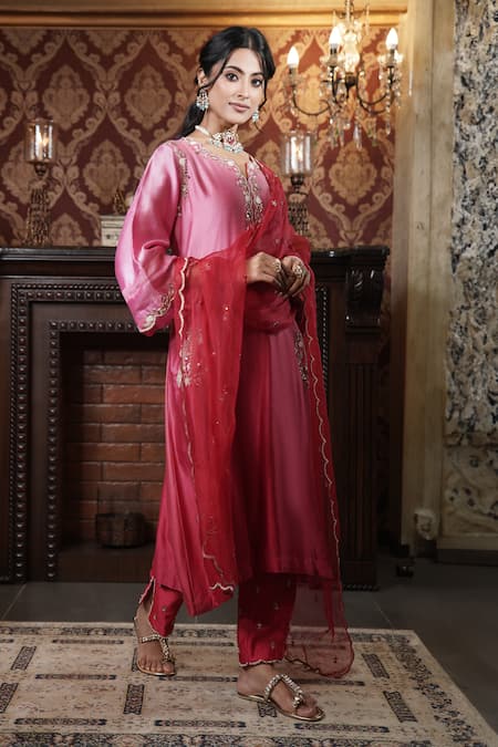Shop_Surabhi Arya_Pink Chanderi Silk, Organza Embroidery, Florence Ombre Dyed Kurta Pant Set _Online_at_Aza_Fashions