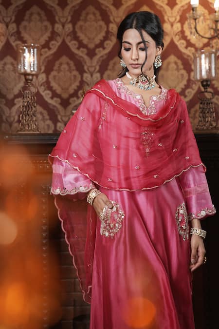 Surabhi Arya_Pink Chanderi Silk, Organza Embroidery, Florence Ombre Dyed Kurta Pant Set _at_Aza_Fashions