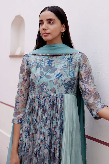 Buy_Vaayu_Green Muslin, Cotton Tassels Round Neck Floral Print Anarkali With Dupatta _Online_at_Aza_Fashions