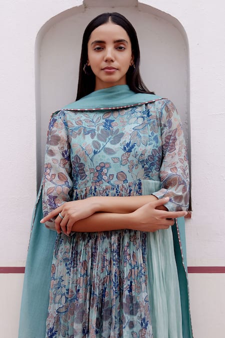 Shop_Vaayu_Green Muslin, Cotton Tassels Round Neck Floral Print Anarkali With Dupatta _Online_at_Aza_Fashions